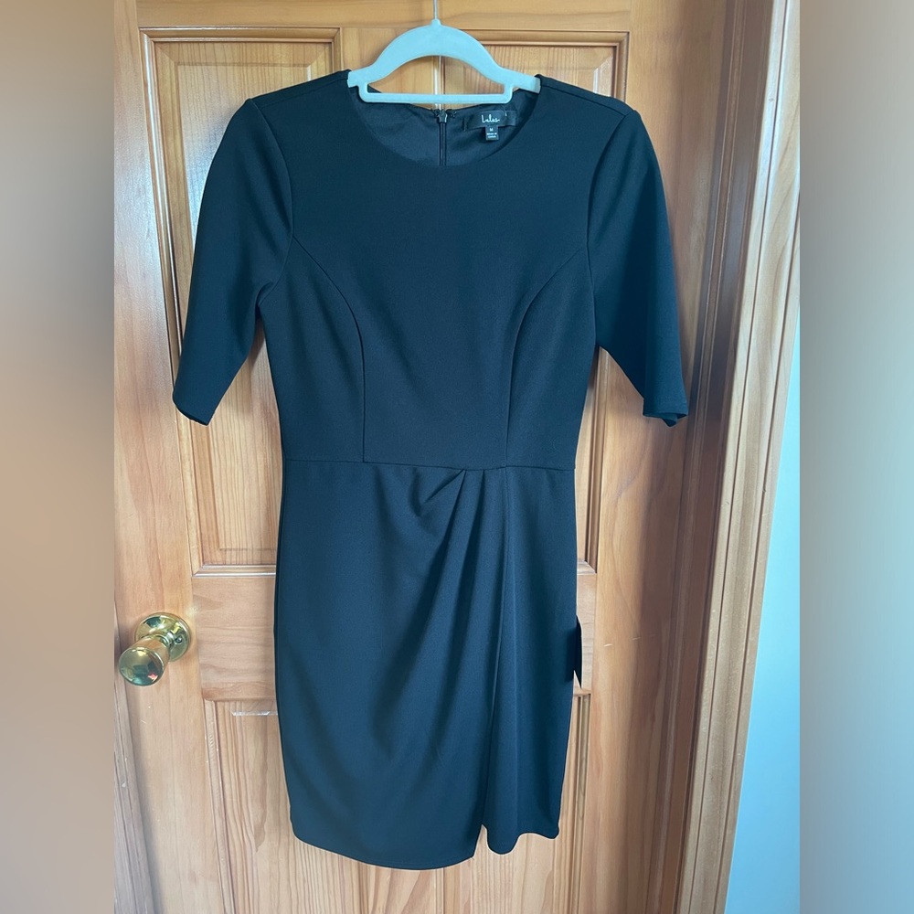 Lulus black half sleeve sheath dress with front wrap drape